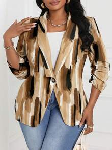 SHEIN Lady 秋冬优雅粉色针织新品加大码蓬松外套秋季女装秋季服装圆领 - 卡其色 - 查看 4