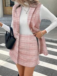 Serisse Bộ 2 món thanh lịch cổ ve kẻ caro kim loại hai hàng khuy không tay và chân váy midi thời trang thu đông cho nữ - Đỏ - Xem 6