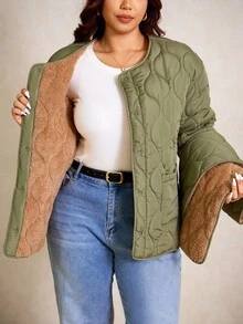 Elaquor Plus Size Winter Coats - Olive Green - View 3