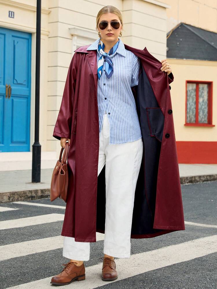 Plus Size Solid Color Front Button Belted Pocket Casual Long Sleeve Jacket/Winter Women's Winter Coat  Rain Coat For Women