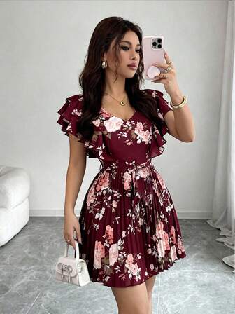 Elenzga Volang V-ringad, åtdragen midja, A-linjeformad blommig semesterklänning med elegant romantisk design för kvinnor