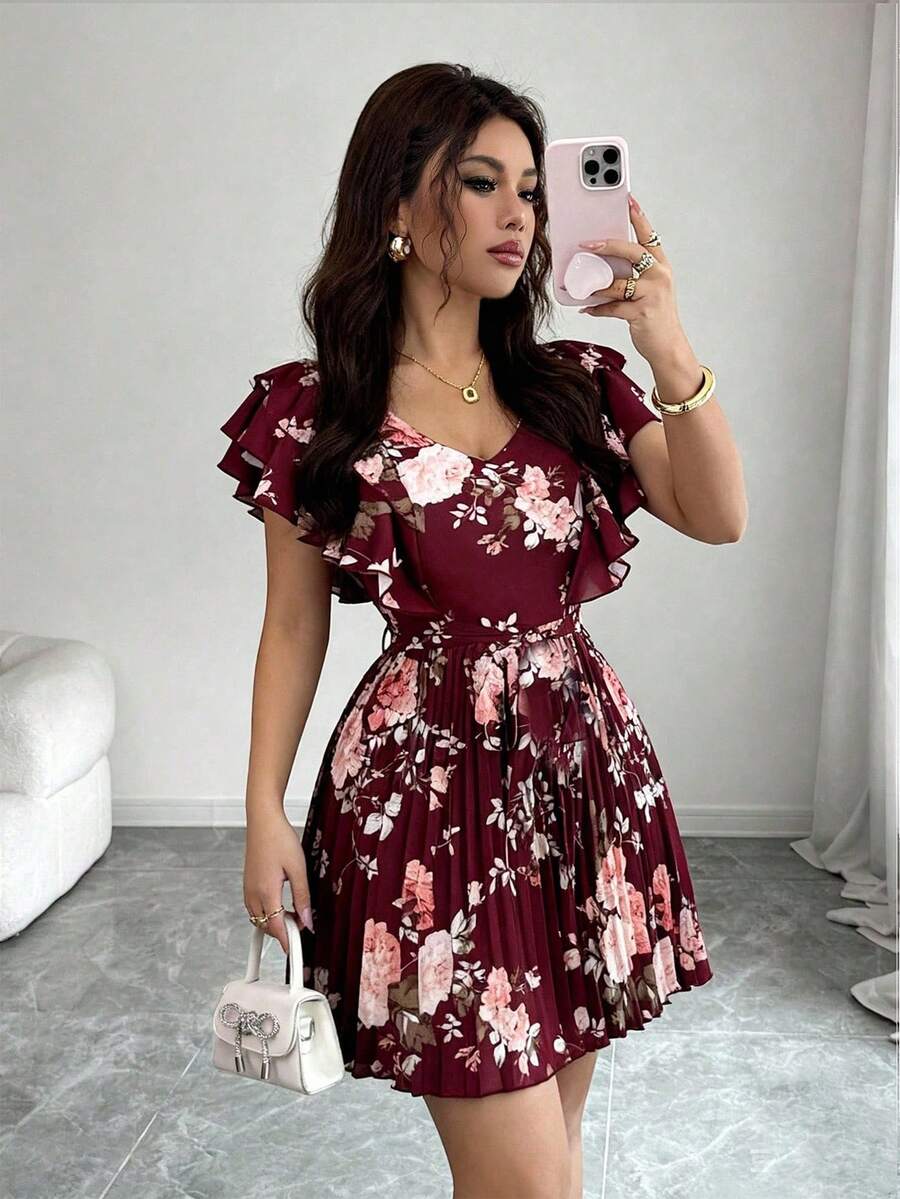 Elenzga 女式荷叶边 V 领束腰 A 字形花卉印花度假优雅浪漫连衣裙 - 彩色 - 查看 1