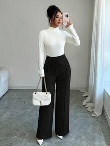 Elenzga 女式高腰抽绳宽松奢华仿羊毛针织阔腿裤 - 黑色 - 查看 4