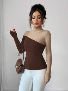 Elenzga Áo len dệt kim đơn giản màu tương phản cổ lọ thanh lịch dành cho nữ - Cà phê nâu - Xem 5