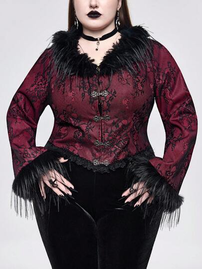 Christmas Plus Size Gothic Lace Composite Fabric Exquisite Ostrich Hair Collar Cropped Jacket, Autumn/Winter