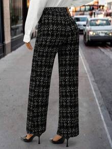 Editum 夏季优雅女士格子印花弹力针织裤，适合各种场合，适合夏季度假、优雅旅行、日常通勤 - 黑與白 - 查看 2