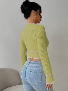 Chiquease Women's Elegant Contrast Trim Cropped Cardigan - Green - View 2