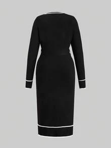 Ellevyn 大码撞色系带长袖休闲毛衣裙 - 黑與白 - 查看 2