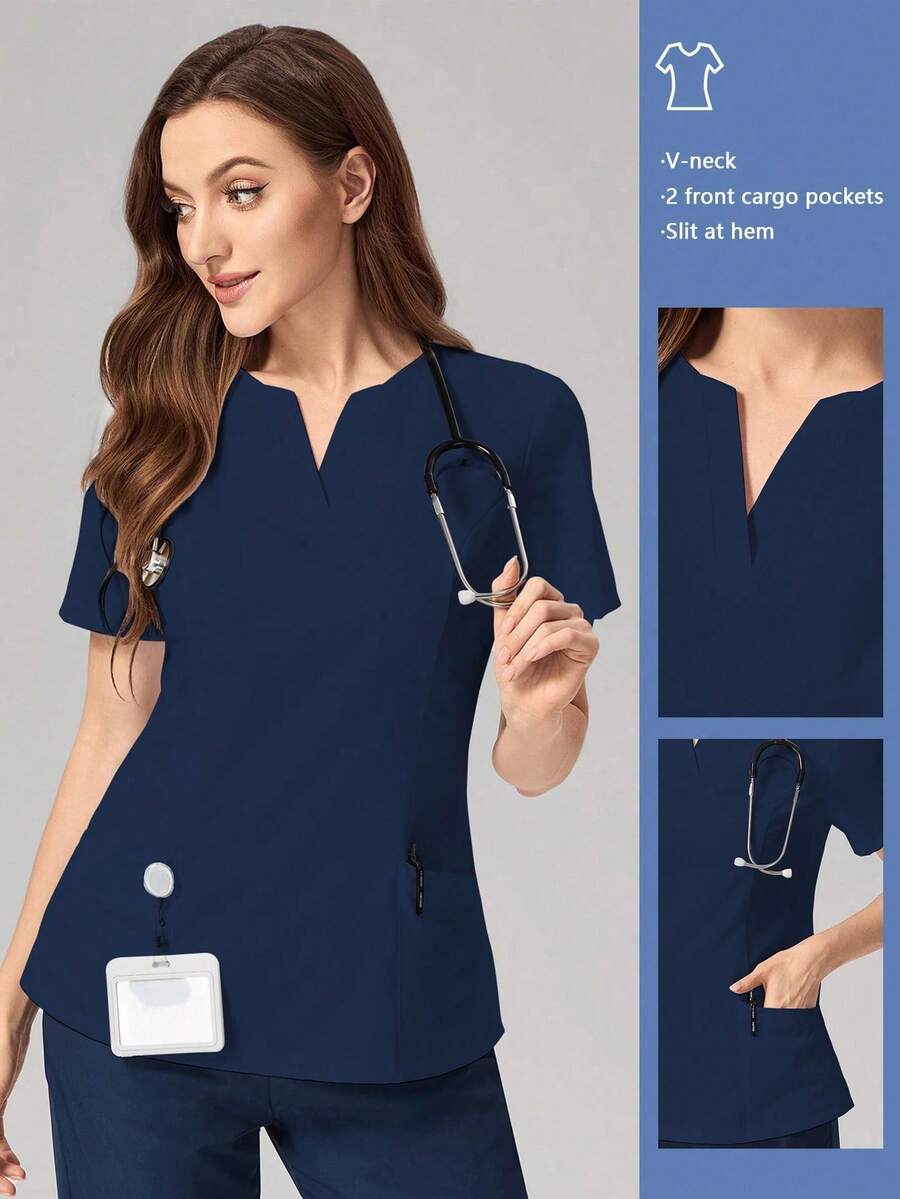 TaskEZ V-Neck Solid Color Short Sleeve Pocket Simple Care Scrub Uniform Top Scrub Set Nurse  Scrub Tops