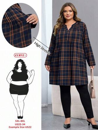 SHEIN CURVE+ Extra Large Autumn Women's Front Button Long Sleeve Plaid Casual Mini Dress