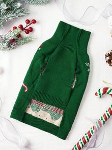 1pc Christmas Pet Cat Dog Universal Green Diamond Grid Elk Snowflake Cute Pattern Jacquard Knitted Elastic Comfortable Dog Christmas Sweater - Multicolor - View 6