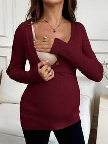 SHEIN Fall,Autumn Winter Maternity V-Neck Solid Color Long Sleeve Fitted Sweater Burgundy - Burgundy - View 2