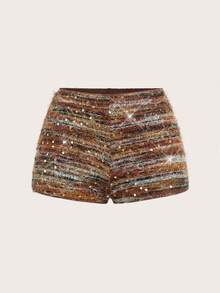 SHEIN ICON 女士美拉德亮片人造毛皮装饰紧身迷你裙，复古风格，秋冬 - 彩色 - 查看 1