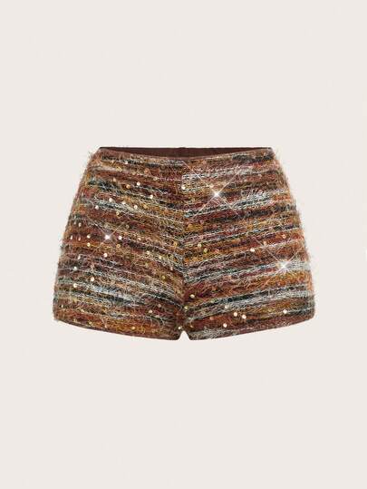 SHEIN ICON Saia Míni Bodycon Bordada com Lantejoulas e Falso Pelo Feminina Maillard, Estilo Retrô Vintage, Outono/Inverno