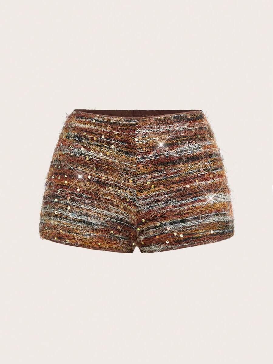 SHEIN ICON 女士美拉德亮片人造毛皮装饰紧身迷你裙，复古风格，秋冬 - 彩色 - 查看 1