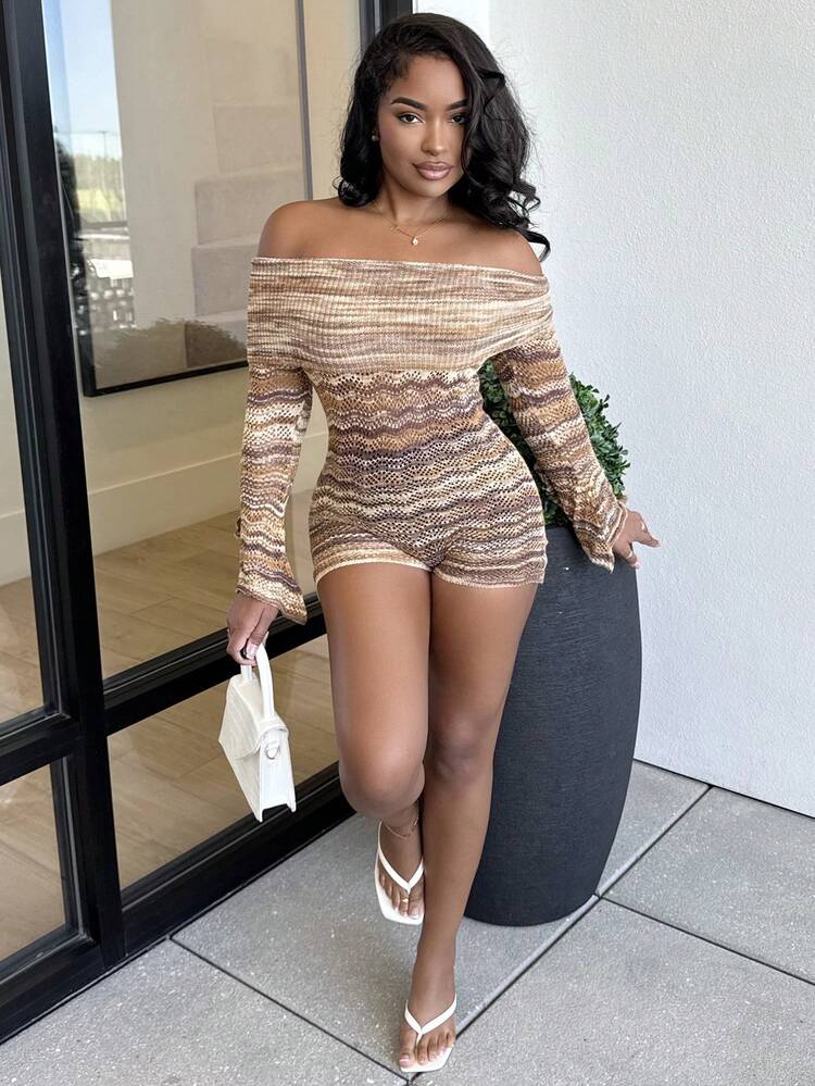 Alexandranx Women Casual Contrast Color Hollow Out Off-Shoulder Flare Sleeve Knitting Jumpsuit Brown Knit Playsuit In Fall/Winter - Multicolor - View 6