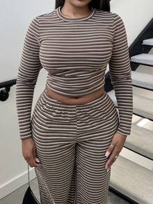 Alexandranx Conjunto de pijama casual feminino para casa, inclui camiseta listrada de gola redonda, manga comprida e calça reta listrada solta, adequado para uso diário, esportes, outono/inverno - Castanho - Ver 3