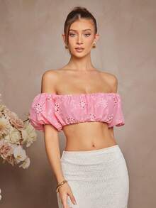 L'Amorae Puff Sleeve Off Shoulder Eyelet Cropped Summer Top, Beach, Vacation Outfits Women, Pink Top - Pink - View 1
