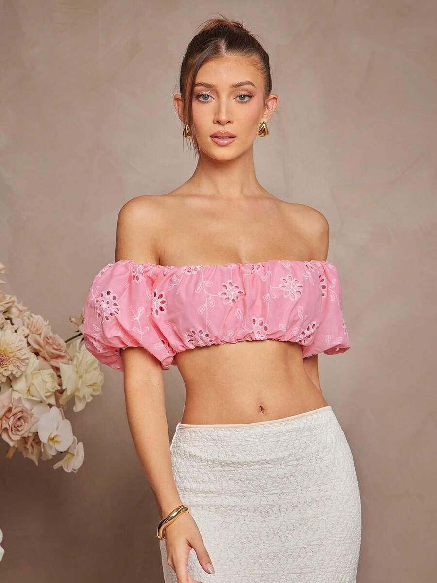 L'Amorae Puff Sleeve Off Shoulder Eyelet Cropped Summer Top, Beach, Vacation Outfits Women, Pink Top - Pink - View 1