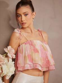 L'Amorae Áo hai dây xếp ly pastel thanh lịch, cắt cúp bằng vải voan, có chi tiết đính hoa - Hồng - Xem 1