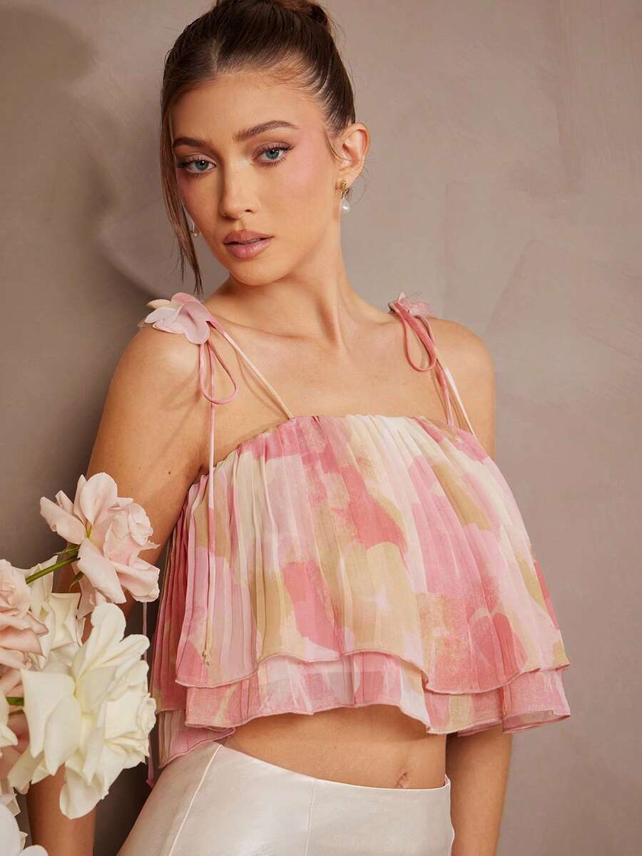 L'Amorae Áo hai dây xếp ly pastel thanh lịch, cắt cúp bằng vải voan, có chi tiết đính hoa - Hồng - Xem 1