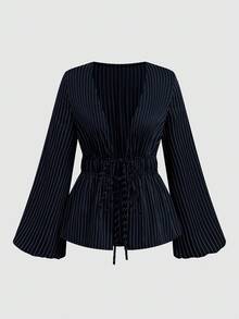 Sweetra Áo blouse dáng rộng cổ chữ V sâu buộc dây phía trước, tay loe, eo bó, dáng ôm, sọc nâu và trắng, thường ngày, đi làm, hẹn hò, cỡ lớn - Màu xanh hải quân - Xem 1