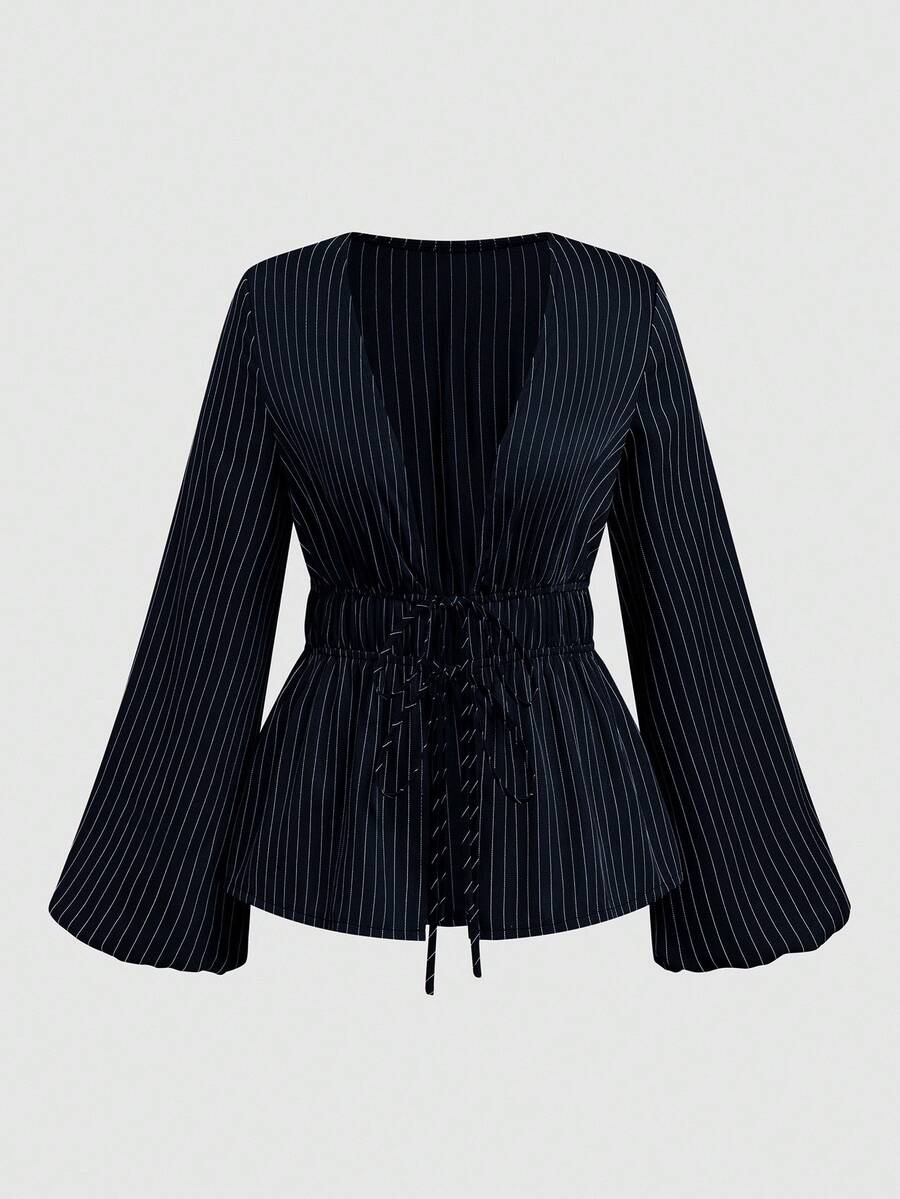 Sweetra Áo blouse dáng rộng cổ chữ V sâu buộc dây phía trước, tay loe, eo bó, dáng ôm, sọc nâu và trắng, thường ngày, đi làm, hẹn hò, cỡ lớn - Màu xanh hải quân - Xem 1