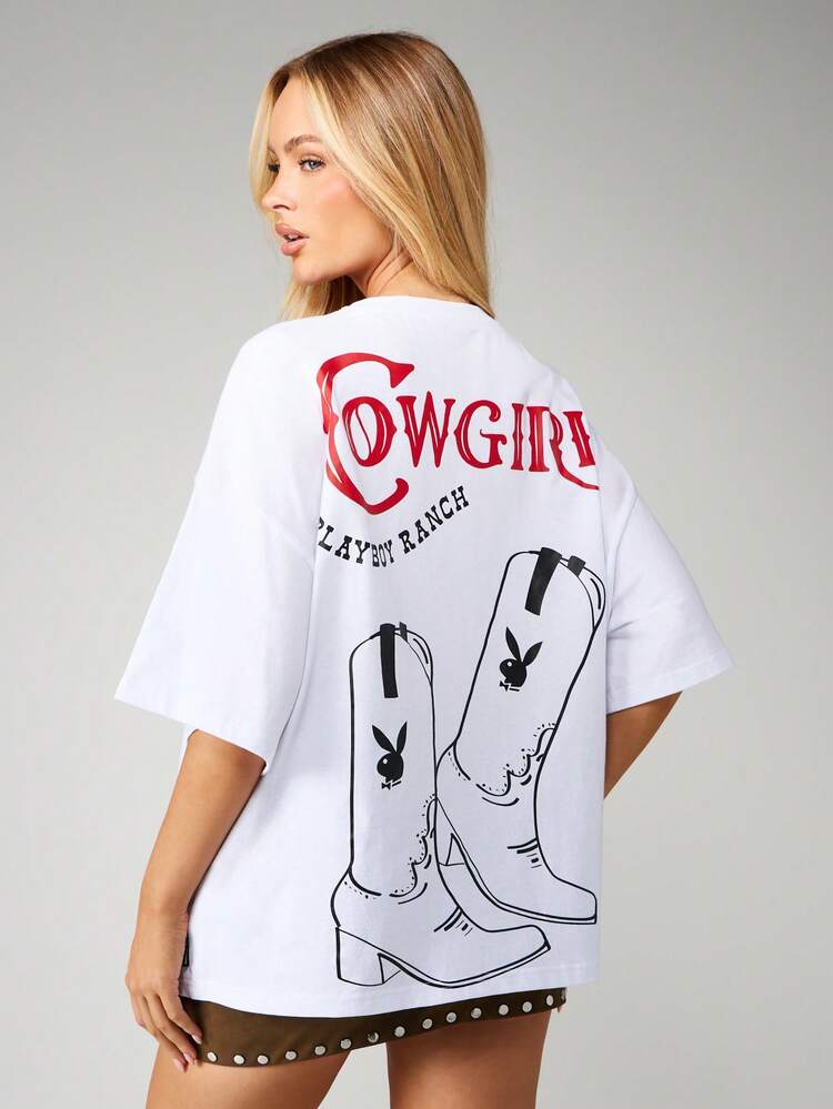 Missguided x Playboy Oversized Graphic Tee With Cowgirl Ranch Print And Cowboy Boots Design Short Sleeve Cotton Blend Top For Casual Western Style