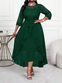 SHEIN Lady Váy midi xếp nếp nhiều lớp, tay khoét rỗng màu xanh chuyên nghiệp cho nữ, quần áo giáo viên, váy giáo viên, váy mùa thu, váy ren bốn mùa - Màu xanh lá cây đậm - Xem 5