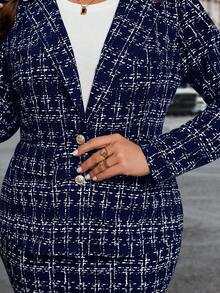 SHEIN Clasi 大码黑白格子优雅修身商务裙套装女式西装外套裙套装女士办公室套装，商务休闲女式两件套服装，女式裙套装，西装外套裙套装，女士办公室套装，女士西装，秋冬商务休闲女式两件套服装 - 藏蓝色 - 查看 7