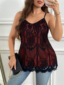Reflora Plus Size Elegant Commuter Lace Camisole - Burgundy - View 1