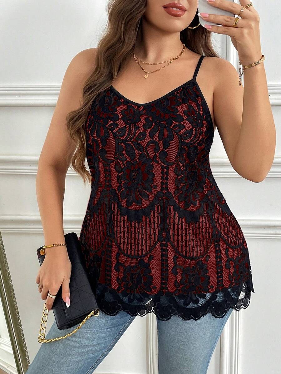 Reflora Plus Size Elegant Commuter Lace Camisole - Burgundy - View 1