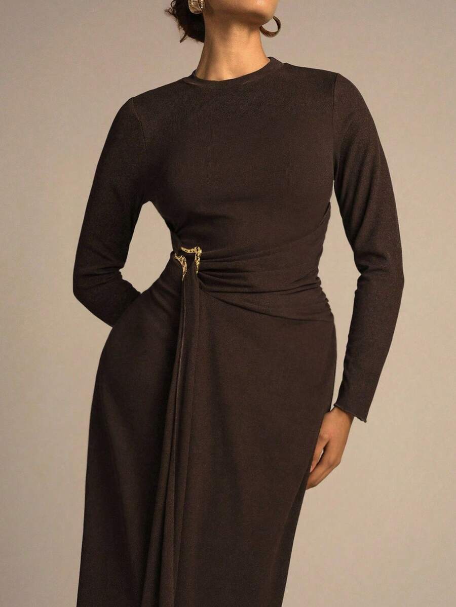 Modelyn 女式秋季棕色针织长袖褶饰不对称金属扣装饰优雅法式鸡尾酒会连衣裙 - 咖啡棕 - 查看 1