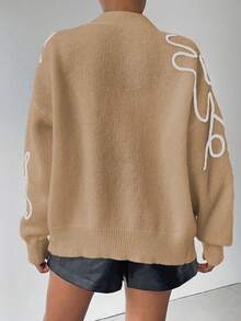 SHEIN Unity Cardigan Rajut Kasual Wanita Lengan Panjang Bertekstur Bunga dengan Bahu Jatuh dan Kancing Tunggal, Musim Gugur/Dingin - Khaki - View 2
