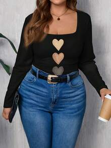 EMERY ROSE 休闲简约渐变色心形印花大码方领 T 恤 - 彩色 - 查看 5