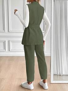 SHEIN Clasi 女式系腰长背心，简约西装套装 - 橄欖綠 - 查看 2