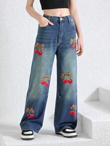 SHEIN ChillGRL 2025春夏新款宽松直筒复古Y2K水洗舒适休闲牛仔裤，适合少女穿着 - 中等水洗藍 - 查看 3