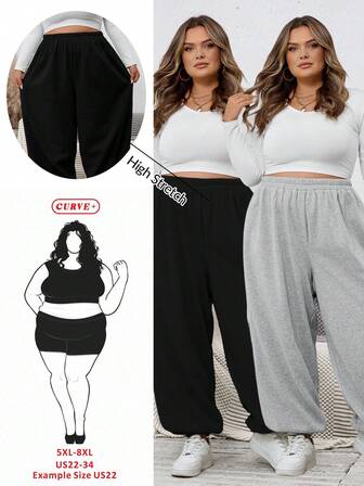 SHEIN CURVE+ 2 piezas de pantalones de chándal de talla grande para mujer en negro y gris para vestir y pantalones de pies