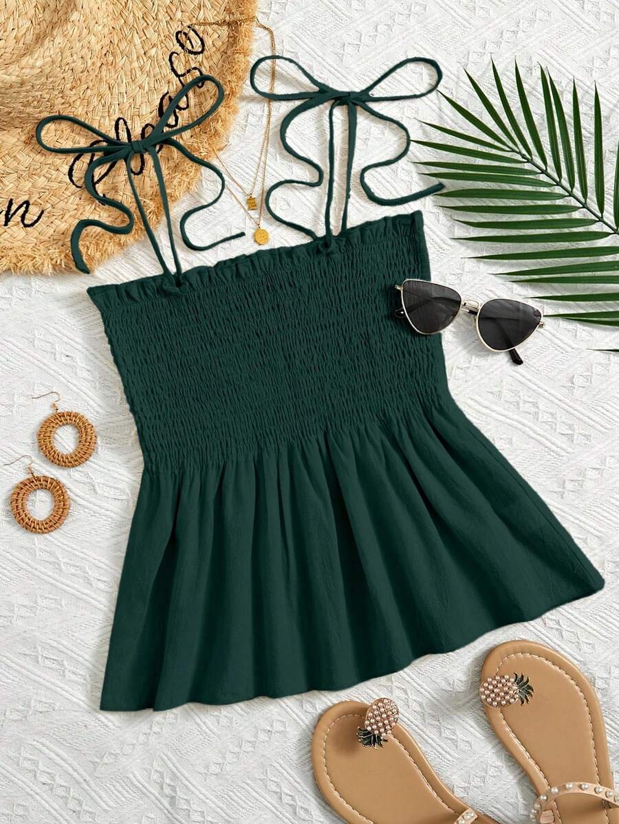 Trelyra Quần yếm spaghetti màu trơn thường ngày cho kỳ nghỉ hè - xanh quân đội - Xem 1