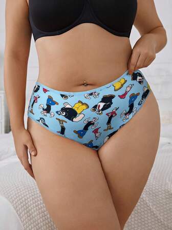 Popeye X SHEIN 3pcs Plus Size Blue & Pink & White Comfortable Stretchy Soft Cute Cartoon Pattern Panties,Kawaii,Sweet,Cute Cartoon Underwear For Women Women Panties Plus Size Plus Size Panties Period Panties Plus Size Cute Underwear Plus Size