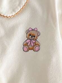 SHEIN 女童小熊刺绣前开衫长袖衬衫和裤子休闲睡衣套装 - 米色 - 查看 4