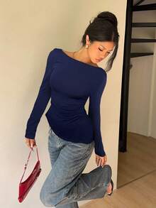 Siren Gaze Women's Lace Patchwork Bowknot Back Slim Fit Long Sleeve Cold Shoulder Top Winter Elegant Blue Spring - Navy Blue - View 3