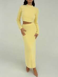 Aloruh Light Yellow Ribbed Tight Crew Neck Long Sleeve Sweater + Tight Long Knit Dress, Stylish Outfit For Young Women - Light Yellow - View 5