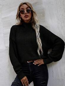 SHEIN LUNE Women's Solid Color High Neck Dropped Shoulder Long Sleeve Loose Casual Pullover Sweater, Autumn/Winter - Black - View 6