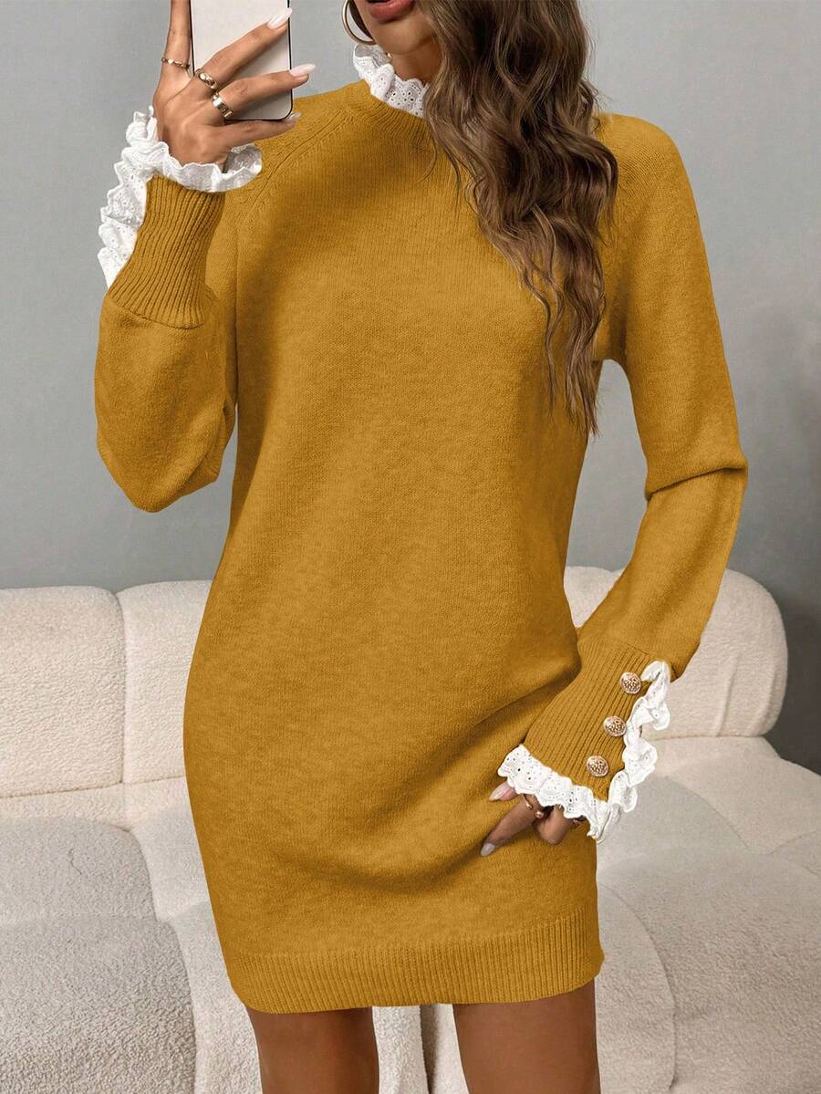 SHEIN LUNE Gaun Rajut Lengan Raglan Kerah Renda Kasual Wanita, Musim Gugur/Dingin - Kuning - View 1
