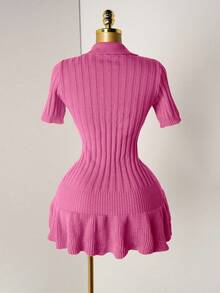 Mistrie Women's Knit Pearl Button Ribbed Orange Pleated Mini Dress, Short Sleeve Sexy Bodycon Minimalist Sweater Dress - Pink - View 2