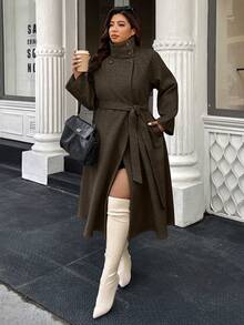 Easura Plus Size Women's Solid Color Raglan Sleeve Belted Casual Long Woolen Coat, Autumn/Winter - Coffee Brown - View 3