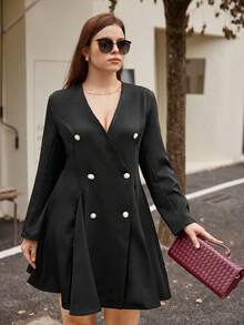 Calvaya Plus Size V-Neck Flared Button Decor Long Sleeve Dress - Black - View 7