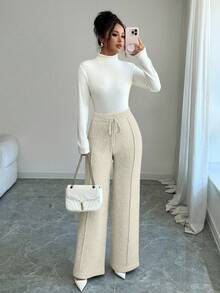 Elenzga 女式高腰抽绳宽松奢华仿羊毛针织阔腿裤 - 米色 - 查看 4
