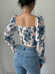 SHEIN Raffinéa 白色碎花喇叭袖抽绳腰女式衬衫 - 彩色 - 查看 2